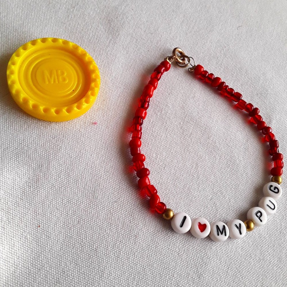 I Love My Pug Handmade Bracelet In Red Beads
